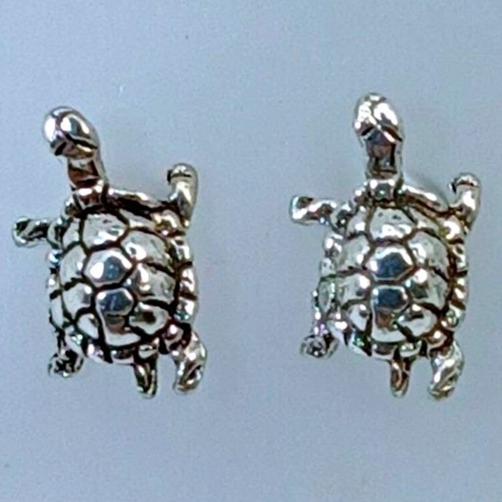 Vintage 1990s Sterling Silver 925 Sea Turtle Stud Earrings Ocean Jewelry - New‎